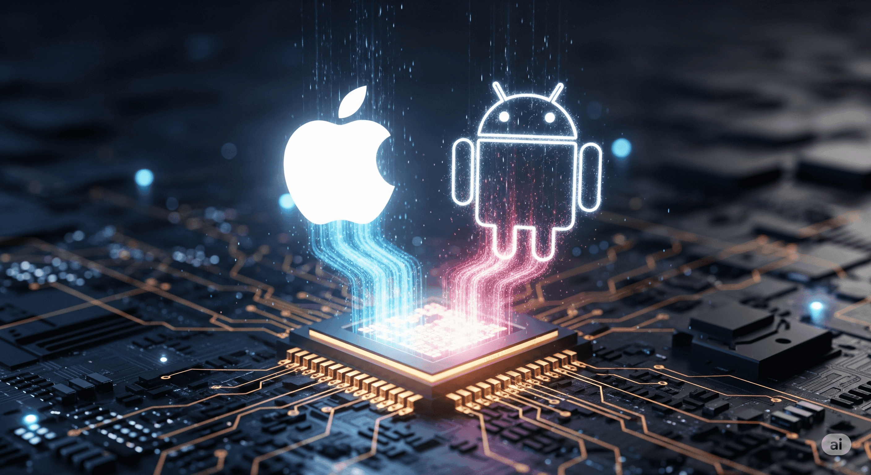 Logourile Apple și Android luminoase, conectate prin trasee de lumină la același cip