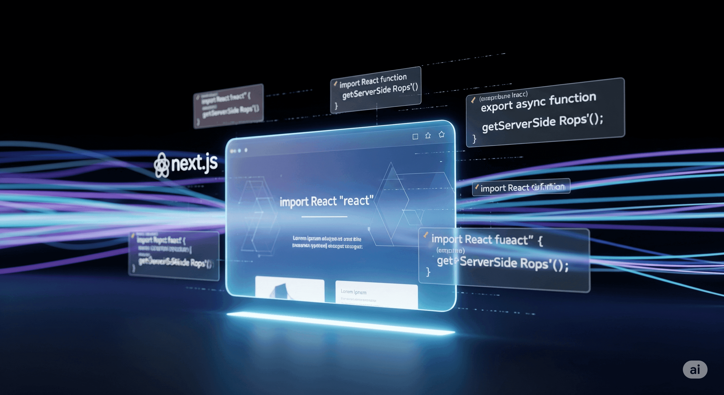 Interfață web transparentă cu sigla Next.js și fragmente de cod, înconjurată de linii de lumină