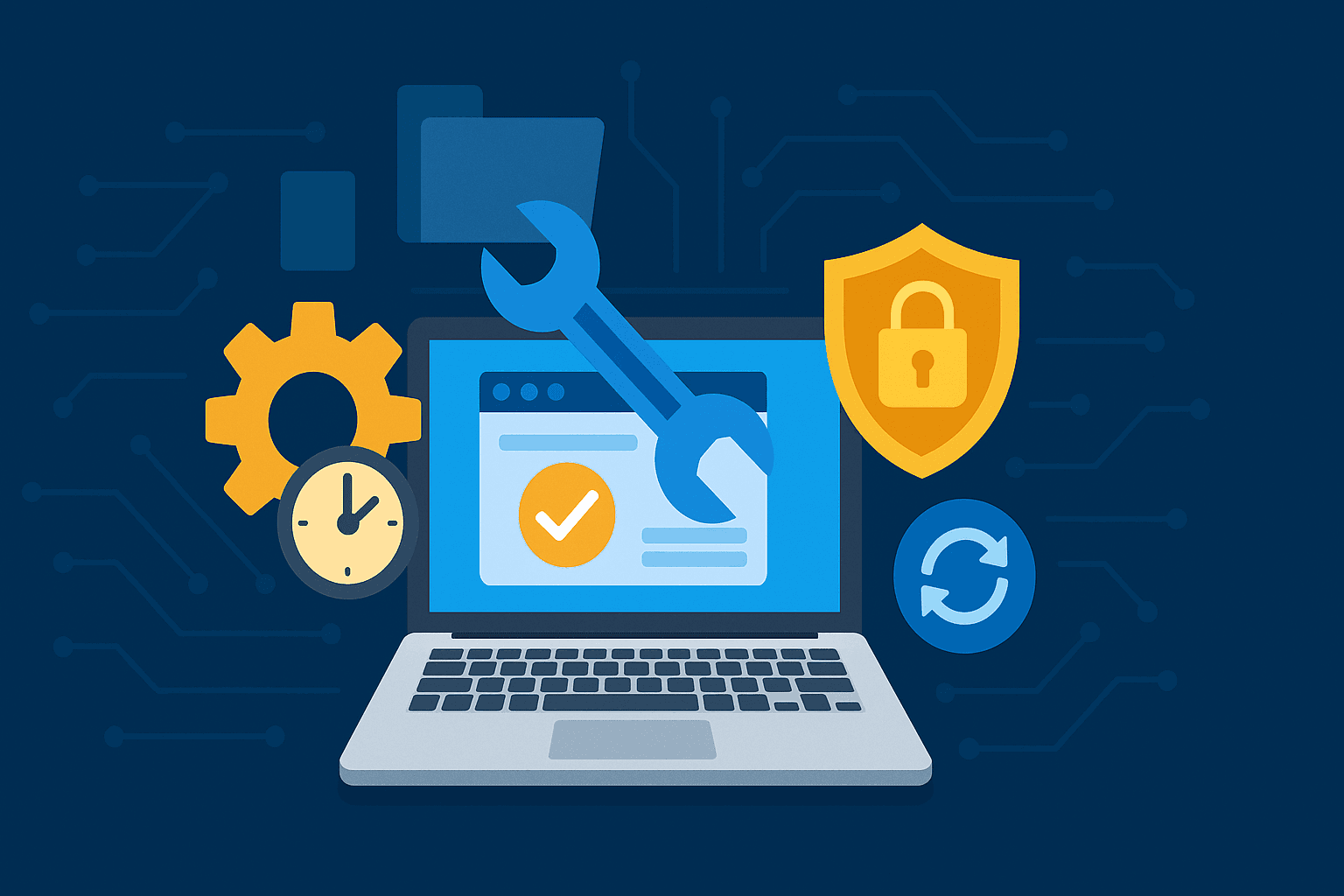 Laptop cu cheie fixă, scut cu lacăt, rotiță și ceas, simboluri ale mentenanței și securității